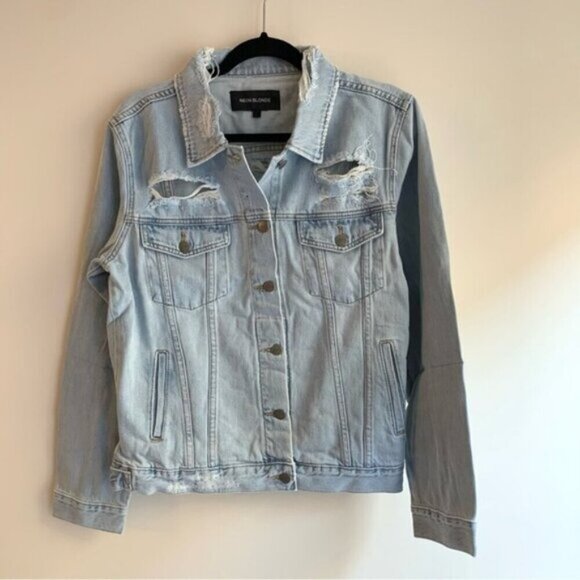 FREE PEOPLE Neon Blonde Denim Jean Jacket Oversized Light Wash Distressed XS - Picture 5 of 16